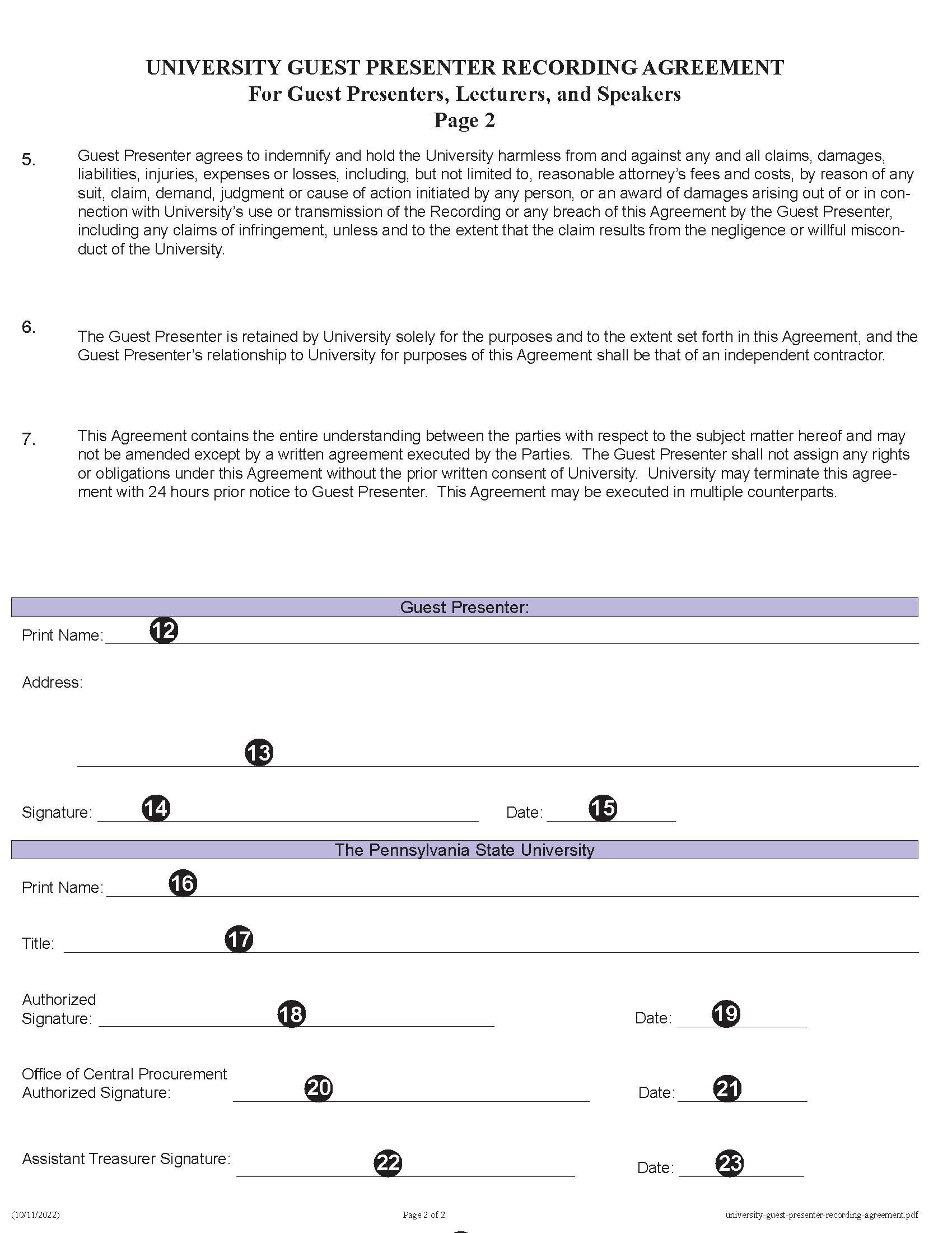 Image of University Guest Presenter Recording Agreement Page 2